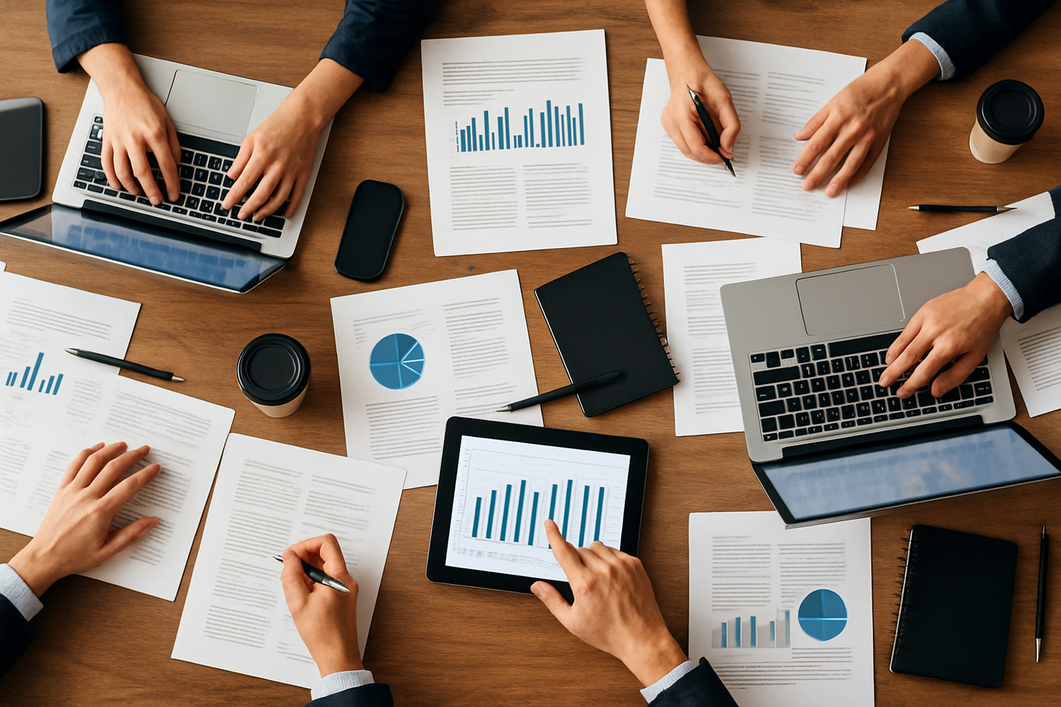 un tavolo pieno di computer e tablet e fogli di lavoro, si vedono delle mani di persone che cercano di usare i computer o di scrivere appunti sui fogli
